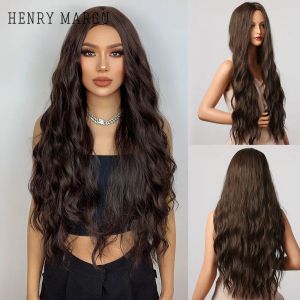 Wigs Henry Margu Dark Brown Wave Pruiken Lange synthetische golvende natuurlijke haartemperatuurpruiken voor zwart/witte vrouwen dagelijkse cosplay pruiken