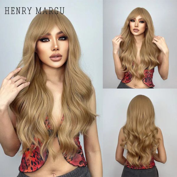 Perruques HENRY MARGU Perruque Dorée avec Frange Perruques Longues Bouclées Ondulées pour Femmes Perruque Synthétique Blonde pour Cosplay Quotidien Faux Cheveux Résistant À La Chaleur