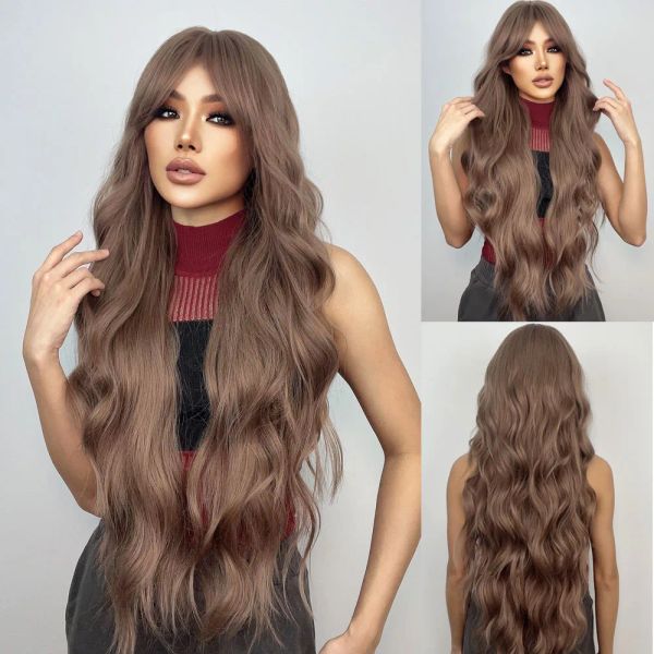 Perruques Henry Margu long corps ondulé Copper Brown Brown Synthetic Wig with Bangs Cosplay Natural Hair Wig for Black Femmes Hair the Time Ressist