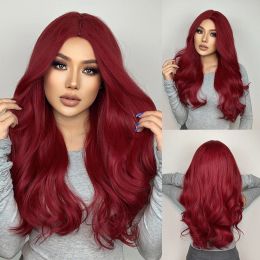 Pelucas Henry Margu Long Dark Red Synthetic Wig Natural Wavy Hair Costplay Wigs para mujeres Halloween Fibra resistente al calor del cabello del cabello falso