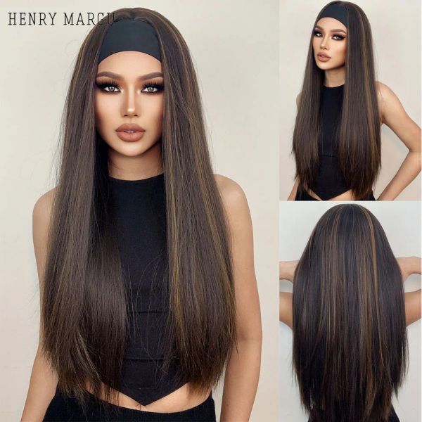 Pelucas Henry Margu Diadema recta Long Sincética Pelera marrón Gloden Valillas para el cabello sin glúricas para mujeres negras Peluces resistentes al calor