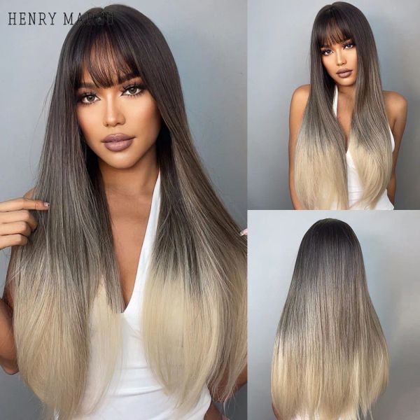 Pelucas Henry Margu Long -rectas pelucas sintéticas con flequillo ombre marrón negro rubio ceniza de ceniza pelucas para el cabello para mujeres resistentes al calor