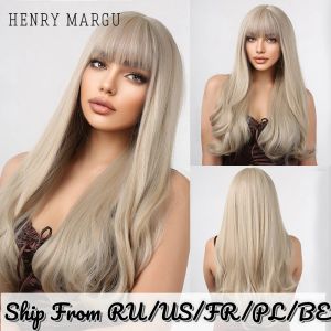 Perruques HENRY MARGU perruques synthétiques longues ondulées blond platine pour femmes cheveux naturels avec frange quotidien Cosplay perruque droite résistante à la chaleur