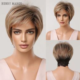 Perruques HENRY MARGU perruque synthétique courte pour femmes noires perruques de cheveux coupés en couches avec frange racine foncée Blonde brun Ombre perruque résistante à la chaleur