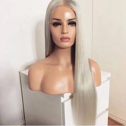 Perruques Simulation de haute qualité cheveux humains perruques de cheveux gris longue naturelle gris blanc argent brésilien dentelle avant perruque cheveux synthétiques pour les femmes