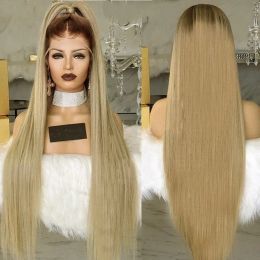 Pelucas Fibra de alta temperatura Peruca 28 pulgadas largas Cabello sintético Cabezado marrón ombre ceniza rubia de encaje suizo pelucas frontales para cosplay