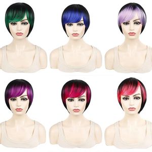 Perruques à reflets rose vert bleu violet synthétique sans colle Bob perruque avec frange pour femmes haute température fibre courte Pixie Cosplay perruques