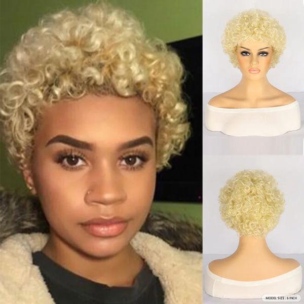 Pelucas Rubio Miel 613 Peluca Rizada Bob Peluca Corta Afro Rizada Corte Pixie Peluca Fibra Sintética Resistente Al Calor Pelucas de Cosplay para Mujeres Fiesta