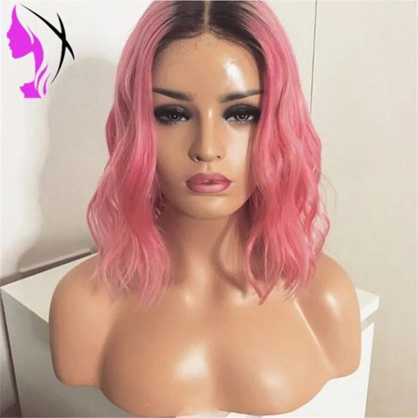 Pelucas Peluca delantera de encaje sintético ombre caliente color rosa resistente al calor simulación cabello humano peluca corta bob para mujeres negras