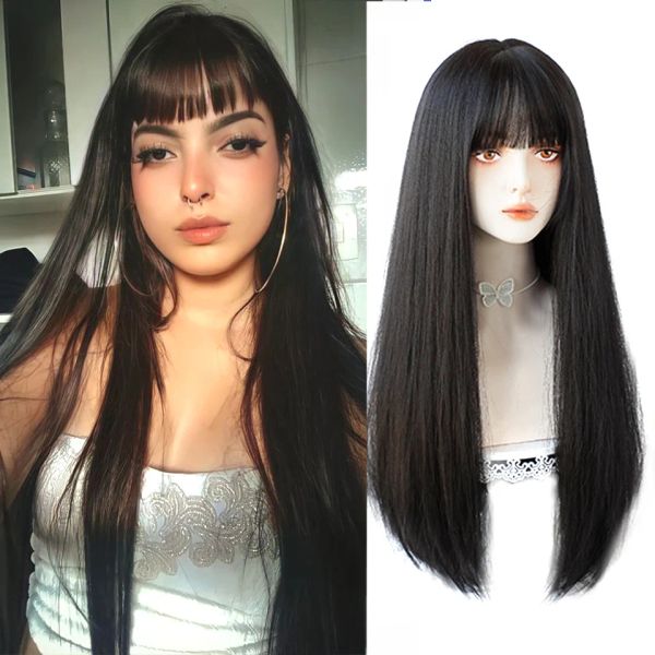 Pelucas Houyan negro largo cabello liso peluca sintética femenina de anime negro foly peluca cosplay lolita peluca