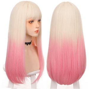 Wigs Houyan Long Straight Hair Synthetische Wig Girl Pink White Gradient Pony Cosplay Lolita Party Heatheristant Wigs