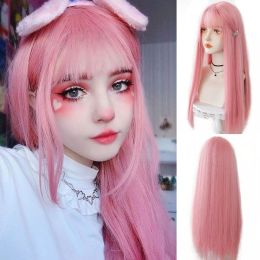 Wigs Houyan Long Straight Hair Wig Synthetische roze pony Cosplay Play Wig Ladies Synthetische pony pruik
