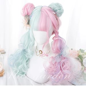 Pruiken HOUYAN Lange golf krullend haar synthetische pruik vrouwelijke pony cosplay Lolita roze blauw twee kleuren pruik hoge temperatuurbestendigheid