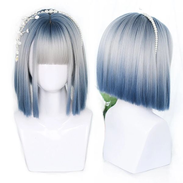 Perruques Houyan – perruque synthétique Bob courte et lisse pour femme, perruque dégradée bleue, noire naturelle, perruque de fête Lolita Cosplay