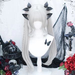 Pelucas Houyan plateado y blanco doble cola de pony cabello liso damas cosplay lolita peluca de peluca satresistante peluca sintética