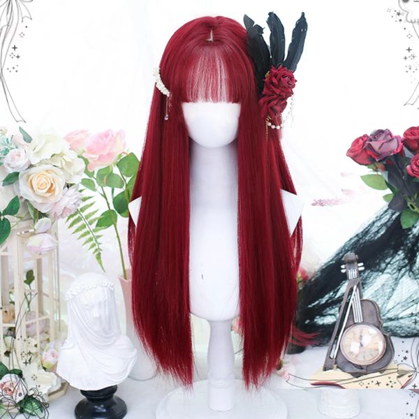 Perruques Houyan synthèse longs cheveux raides perruque rouge fille cosplay lolita perruque rose et blanc bangs résistants à la chaleur