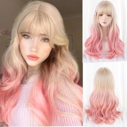 Pelucas síntesis houyan larga chica rizada rubia rubia rosa rosa lolita cosplay bangs rizado de peluca peluca peluca peluca