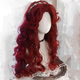 Pelucas síntesis de houyan rojo largo ondulado cabello rizado cosplay lolita niña parte medio de peluca de peluca resistente al calor peluca