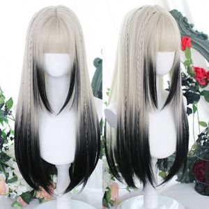 Perruques HOUYAN synthétique cheveux longs raides perruque femme argent dégradé gris perruque cosplay lolita frange perruque perruque de fête