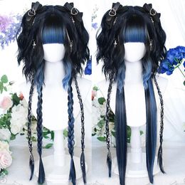 Perruques HOUYAN synthétique cheveux longs ondulés et reflets bleus raides perruque à franges pour femmes cosplay perruque rose Lolita perruque de fête résistante à la chaleur