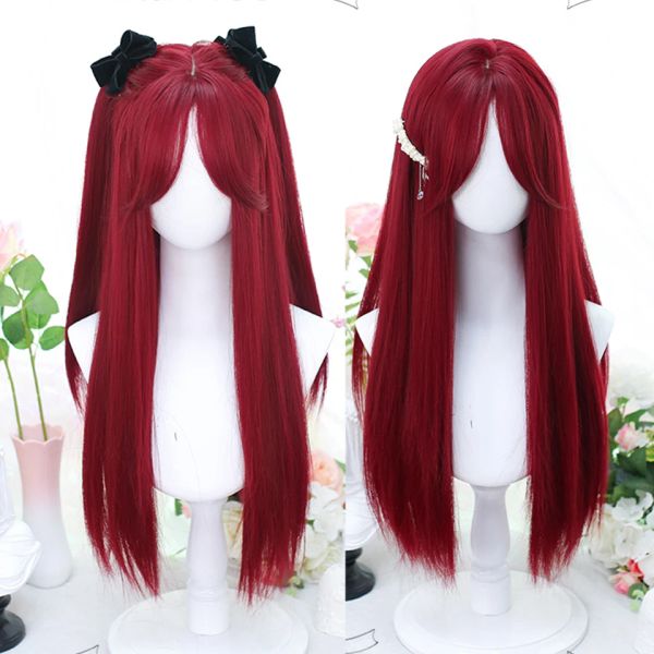 Pelucas HOUYAN peluca sintética de pelo largo y liso rojo peluca con flequillo femenino cosplay peluca resistente al calor Lolita