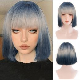 Perruques HOUYAN synthétique vague courte bob cheveux raides perruque frange femme doré bleu cosplay Lolita perruque résistante à la chaleur perruque