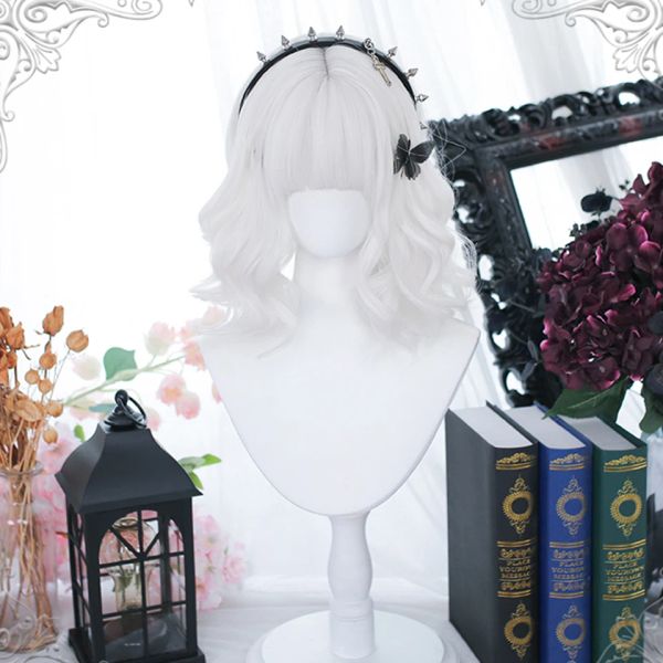 Perruques Houyan synthétique courte boucles de cheveux blancs purs Wig Fringe pour femmes cosplay lolita filles naturelles naturelles