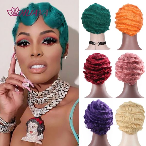 Pelucas HUAYA, pelucas sintéticas rizadas cortas y rizadas para mujeres negras, peluca afroamericana con ondas para los dedos, cabello falso diario, peluca dorada verde y rosa