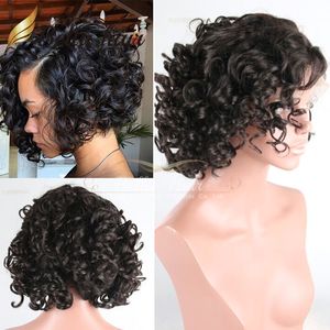 Peluca bob corta pelucas delanteras de encaje para mujeres negras cabello humano virgen brasileño rizado encaje completo suizo 150 color natural bellahair