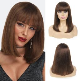 Wigs Human Hair Wig met pony Rechte Bob -pruik gekleurd donkerbruine Braziliaans haar Volledige machine -pruiken voor zwarte vrouwen Non -Remy Ijoy