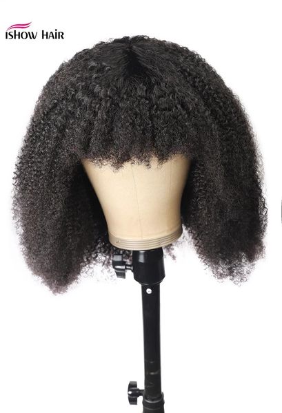 Perruques Ishow Afro Kinky Curly Short Bob Perruques de cheveux humains droites avec frange lâche corps profond péruvien aucune dentelle perruques cheveux indiens Mala