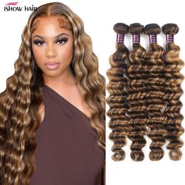 Perruques ishow brésilien mettant en évidence des paquets de vagues profondes lâches 4/27 Honey Blonde Human Remy Hair Extensions 1 3 4 pcs ombre cheveux pour femmes