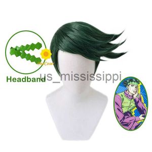 Wigs JoJo's Bizarre Adventure Rohan Kishibe Cosplay Short Green Headband Heatheristant Fiber Hair Wig Cap Party Props Men X0901