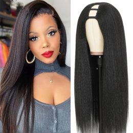 Pelucas Peluca recta rizada 180% densidad negro Yaki sintético U parte peluca para mujeres Yaki pelo liso fibra resistente al calor Kinky Afro