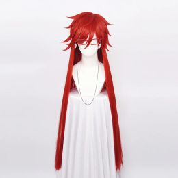 Wigs kuroshitsuji zwarte butler grell sutcliff rood lange rechte hittebestendige synthetische haarcosplay pruik met schedelkettingglazen