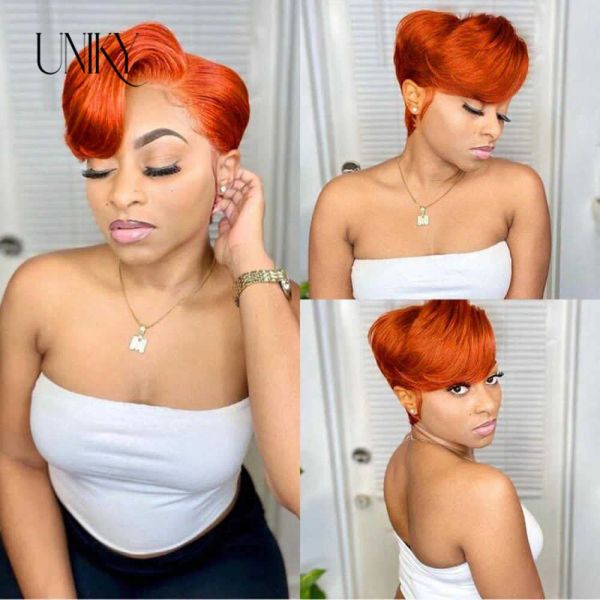 Perruques en dentelle perruques Pixie Cut Wig Lace Human Hair Wigs for Women Straitement Bob Bob Wig T Part Wig Wig Ginger Orange Bob Straight Bob Fron