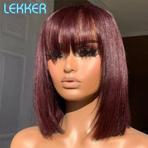 Perruques Lekker 99J rouge court court bob raide avec frange des cheveux humains perruque colorée brésilienne Remy Hair Full Machine Made Bob 812 pouces pour les femmes