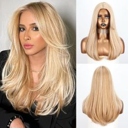 Perruques Light Blonde ombre Long raide cheveux synthétiques perruque naturelle avec une frange à haute température Fibre quotidien Wigs pour femmes