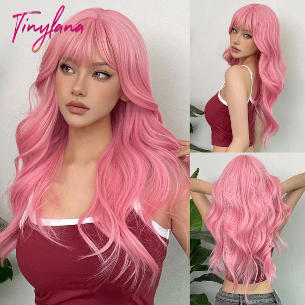 Pelucas Pelucas de pelo sintético ondulado largo de color rosa claro con flequillo para mujeres blancas Peluca afro lolita con ondas de agua Peluca resistente al calor de Halloween