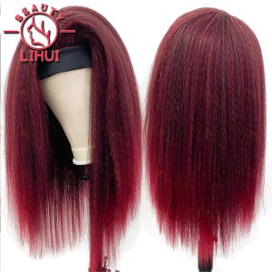 Pruiken LIHUI Wijn Rode Hoofdband Pruik Voor Vrouwen Synthetische Pruik Yaki Kinky Rechte Hoofdband Pruiken Lange Ombre Afro Bug haar Heet Water Set