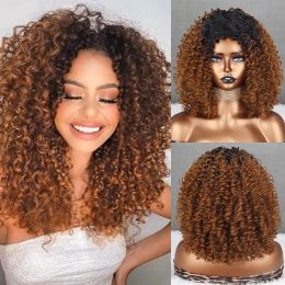 Pelucas Linghang 10 pulgadas Afro Kinky Curly Wig Wig Corta Pelera marrón sin flequillo Mezcla mixta y rubia para mujeres negras