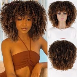 Perruques LINGHANG cheveux courts Afro crépus bouclés perruques avec frange pour les femmes noires africain synthétique ombré sans colle Cosplay perruques