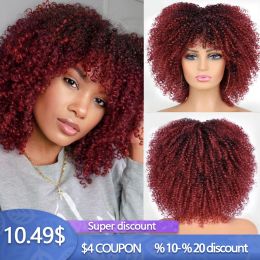 Perruques LINGHANG cheveux courts Afro crépus bouclés perruques avec frange pour les femmes noires africain synthétique ombré sans colle Cosplay perruques dégradé cheveux