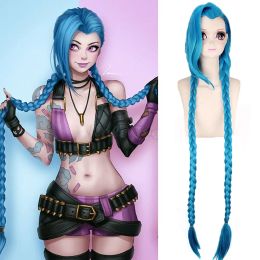 Pruiken LOL Jinx Cosplaypruik 120cm/46.8" Jinx Blauw Lange Vlechten Cosplaypruiken Hittebestendige synthetische pruik Voor Dames Meisjes Cosplay Feest