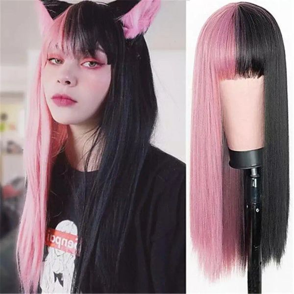 Perruques Lolita Cosplay Wigs Half Pink Half Black Wig Long Straight Synthetic Wig Wigs Two Ombre Color For Women Girl Wigs