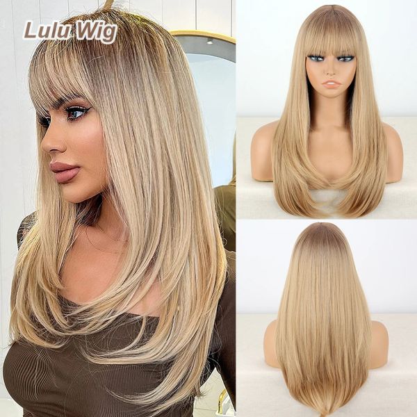 Perruques longues perruques blondes pour femmes perruque en couches synthétiques droites avec une frange et des racines sombres