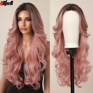 Wigs Long Body WAVY OMBRE PERK PERK BRUIN HAIRLINE LAND SYnthetische pruiken Middle Part Haar voor vrouwen Wave Cosplay Dagelijkse Wig Heat resistent