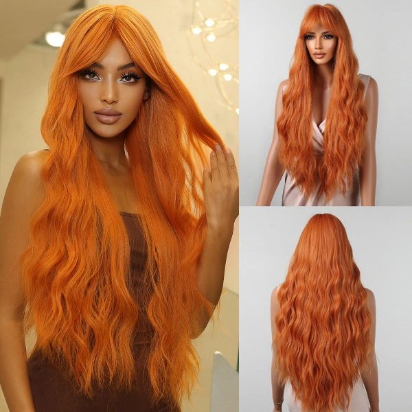 Perruques Long Curly Ginger Orange Synthetic Wigs with Long Bangs Deep Wave Wig For Black Women Cosplay Party Natural Hair Heat Resissiant