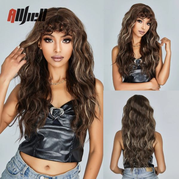 Pelucas Peluca rizada larga de color marrón oscuro con flequillo, pelucas sintéticas de pelo Natural de onda profunda para Cosplay para mujeres negras, resistentes al calor