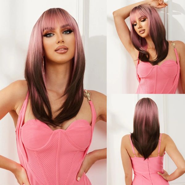 Pelucas Pelucas sintéticas rectas de capas largas Ombre Rosa Marrón Pelos de cosplay Peluca natural con flequillo para mujeres Fiesta Alta temperatura